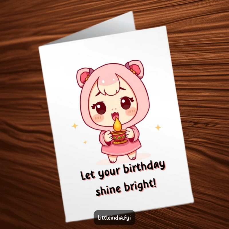 Funny Free Printable Birthday Card: Excited character holding a small diya lamp, celebrating Diwali, festive downloadable art.