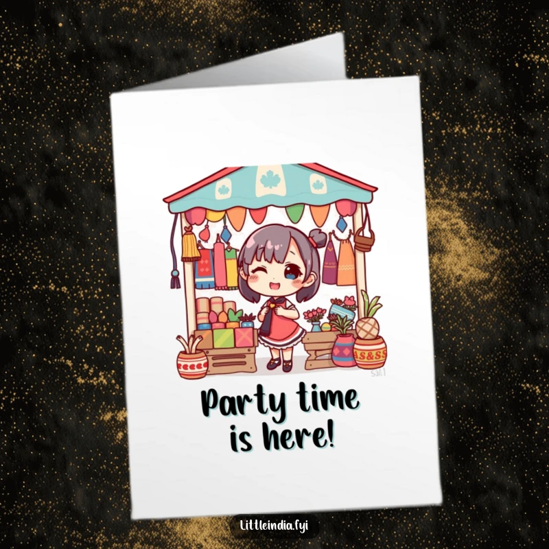 Funny Free Printable Birthday Card: Delighted character arranging colorful textiles to decorate a market stall.