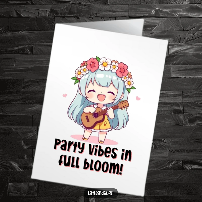 Funny Free Printable Birthday Card: Delightful character in a flower garland plays a lively rhythm, perfect for music lovers.