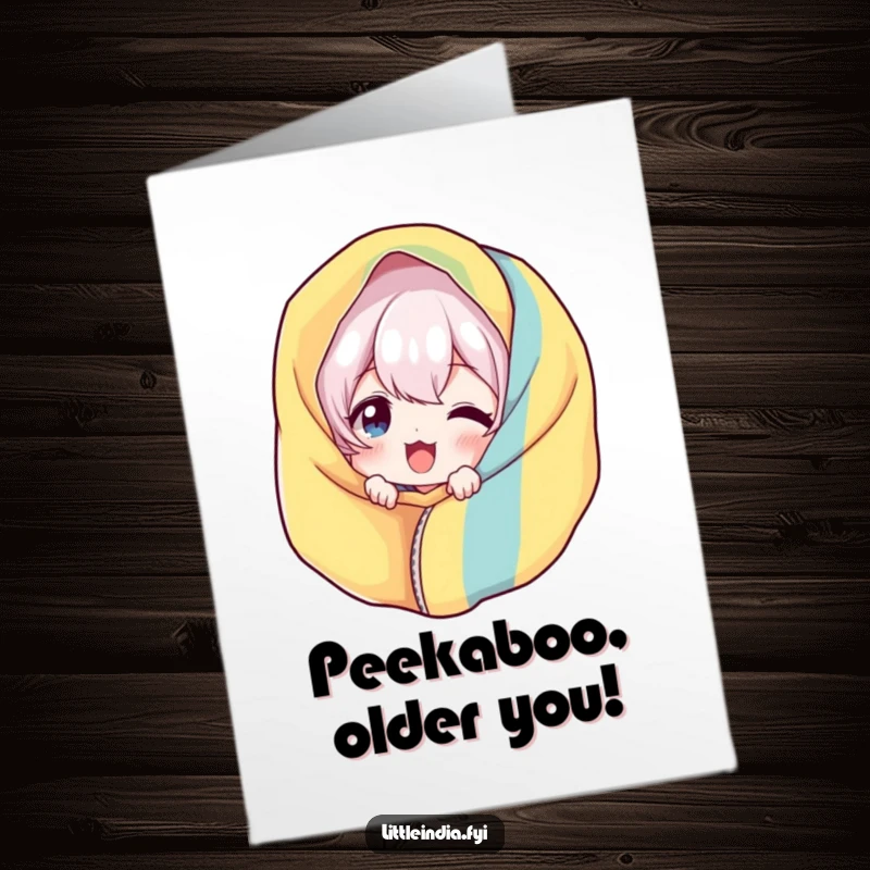 Funny Free Printable Birthday Card: Giggling character playfully peeking from behind colorful fabric, spreading laughter. DIY greeting.