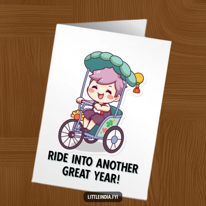 Free Printable Birthday Card: A character with a huge grin joyfully riding a colorful, decorated rickshaw, ready for adventure.