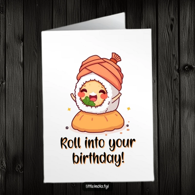Funny Free Printable Birthday Card: Happy sushi roll in a turban rides a spice mound.
