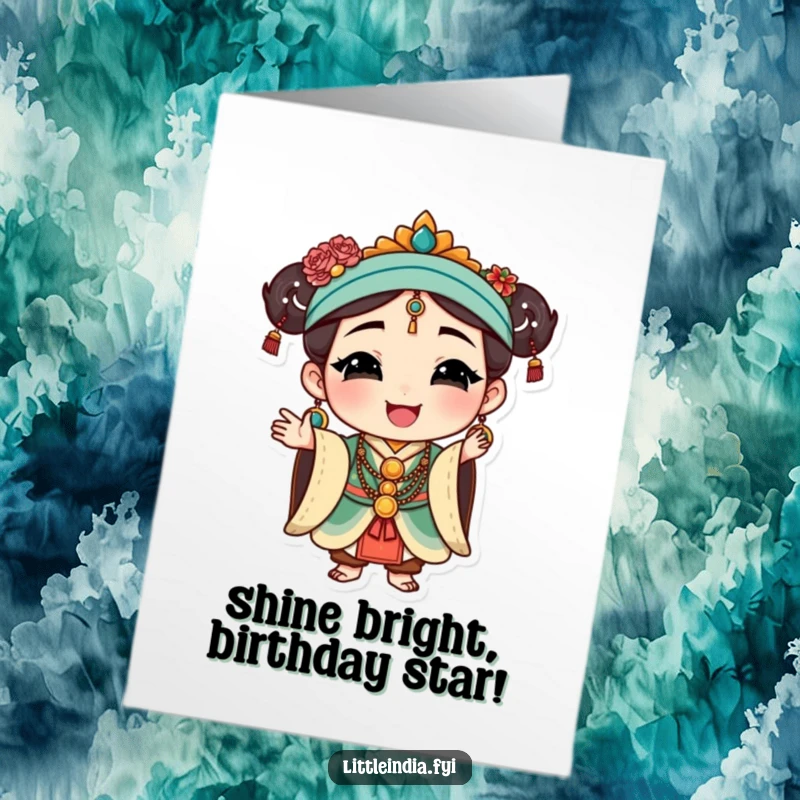 Funny Free Printable Birthday Card: Happy character in traditional jewelry striking a graceful pose, celebrating in style. DIY greeting.