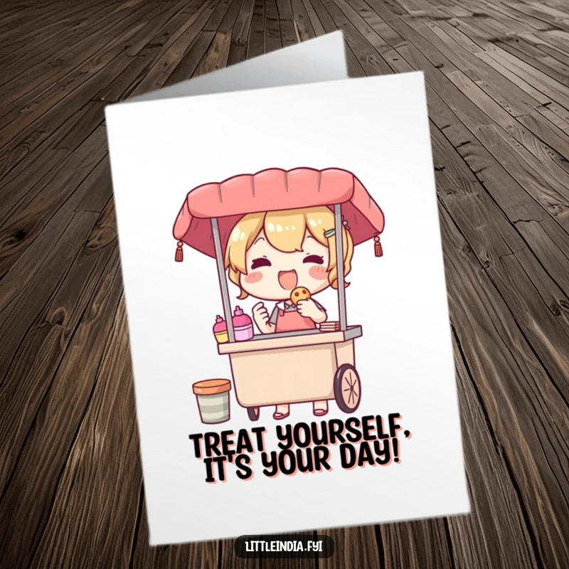 Funny Free Printable Birthday Card: A delighted street vendor smiling, holding out a delicious-looking treat.