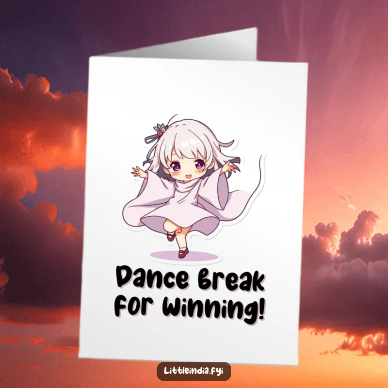 Funny Free Printable Congrats Card: Character playfully dancing with flowing fabric, celebrating a big win, energetic downloadable art.