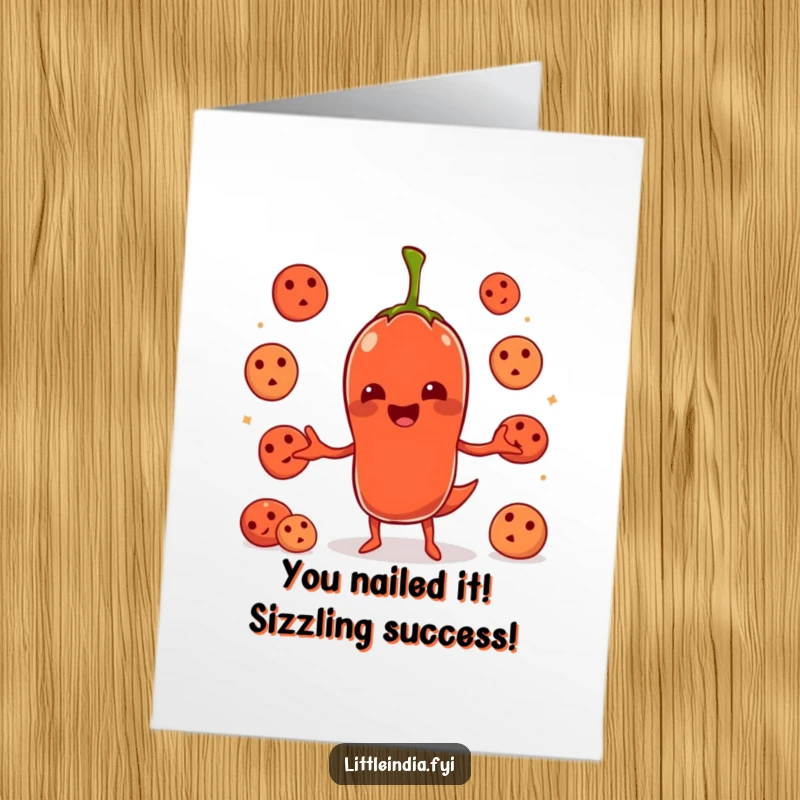 Funny Free Printable Congrats Card: Energetic chili pepper character expertly juggling idlis, a spicy celebration.