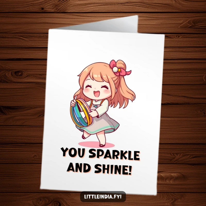 Funny Free Printable Congrats Card: Character doing a happy twirl while holding colorful bangles, celebrating success with flair.