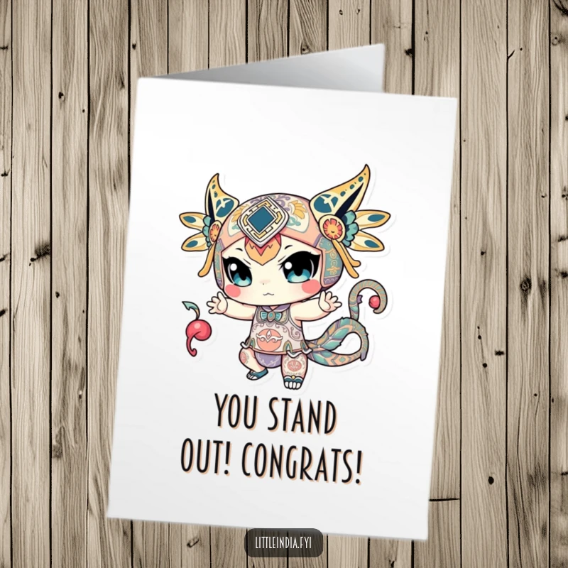 Free Printable Congratulations Card: A trendy character adorned with detailed patterns, posing dynamically to celebrate a win.