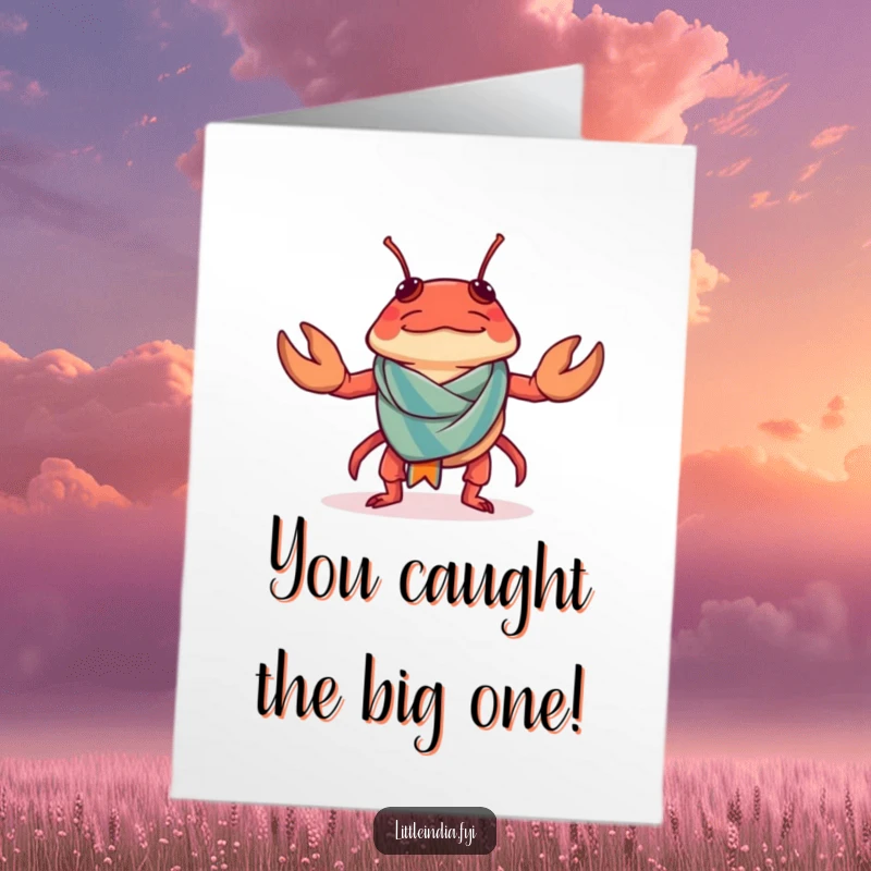 Funny Free Printable Congratulations Card: A confused chilli crab trying to wear a tiny sarong, a comical downloadable gift.
