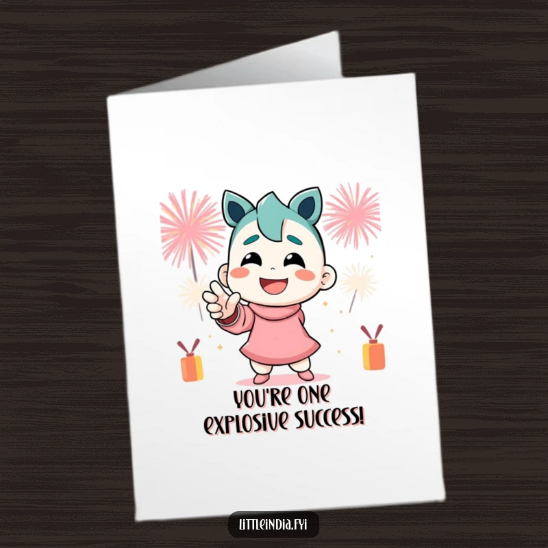 Funny Free Printable Congratulations Card: A smiling character strikes a dynamic pose amidst a backdrop of festive firecrackers.