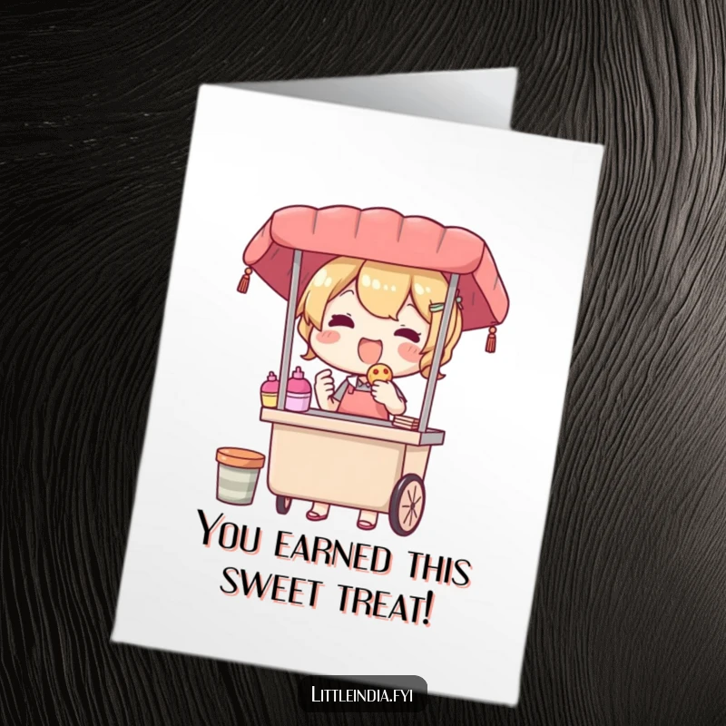 Funny Free Printable Congratulations Card: A street vendor character happily offering a special treat for their win.