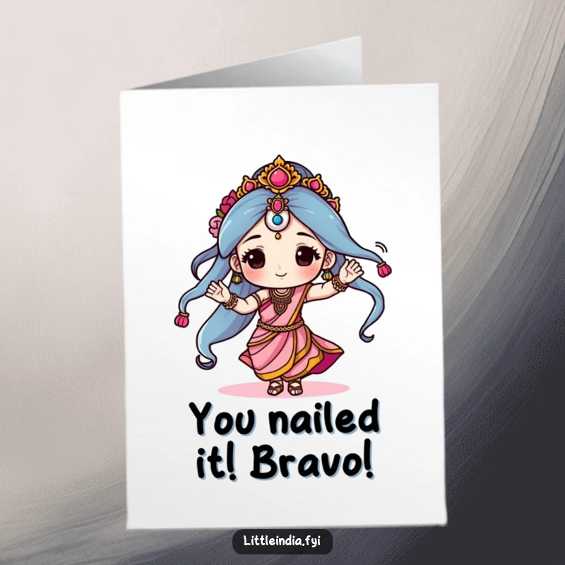 Funny Free Printable Congratulations Card: Sari dancer celebrating achievements with energetic, joyful movements.