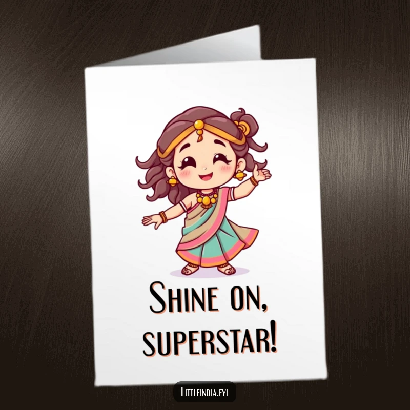 Funny Free Printable Congrats Card: Smiling character dressed in a colorful sari, dancing joyfully to celebrate an achievement.