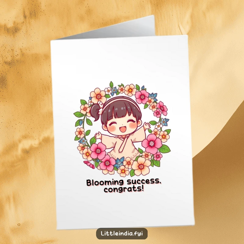 Funny Free Printable Congratulations Card showing a joyful character spinning a fragrant flower garland, celebrating growth and success.