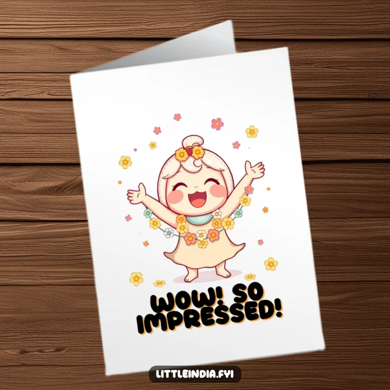 Funny Free Printable Congratulations Card: Excited character happily juggling small flower garlands to mark success.