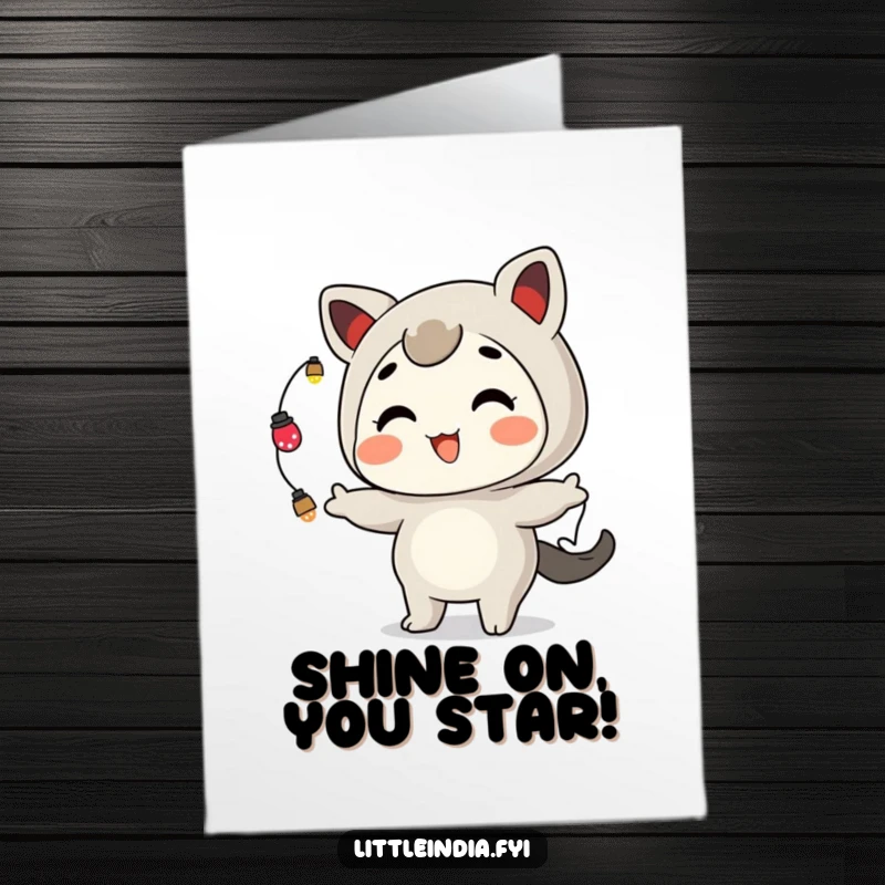 Funny Free Printable Congratulations Card: Playful character juggling sparkling ornamental lights with a wide grin.