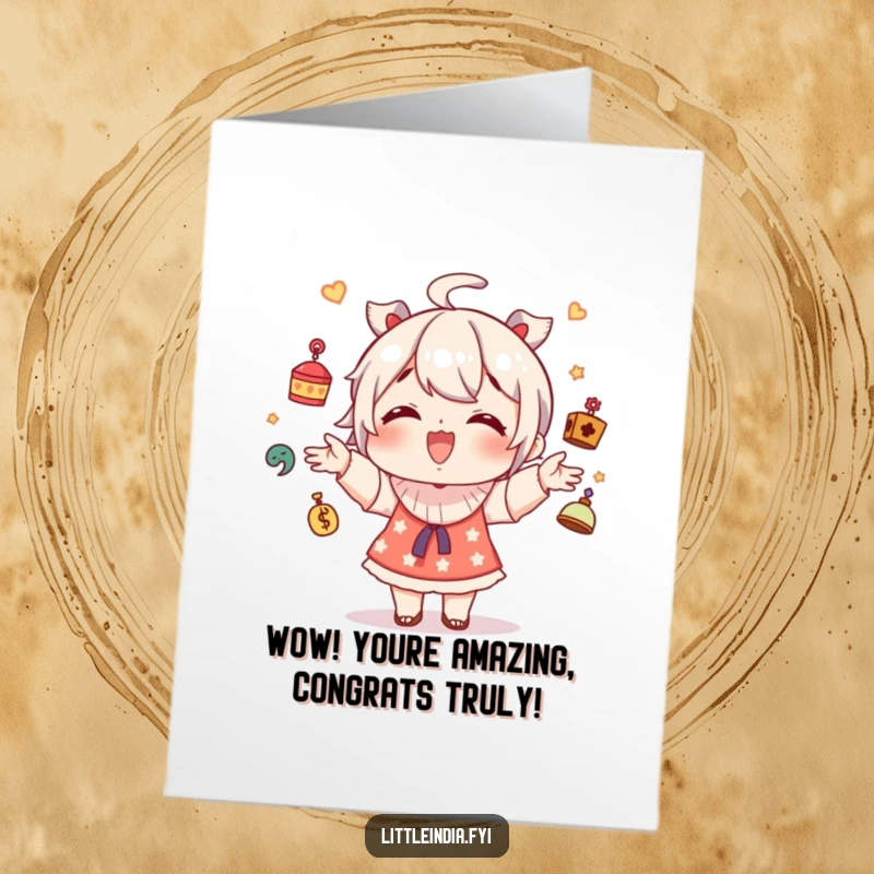 Funny Free Printable Congratulations Card: Giggling character skillfully juggling various small, decorative trinkets.