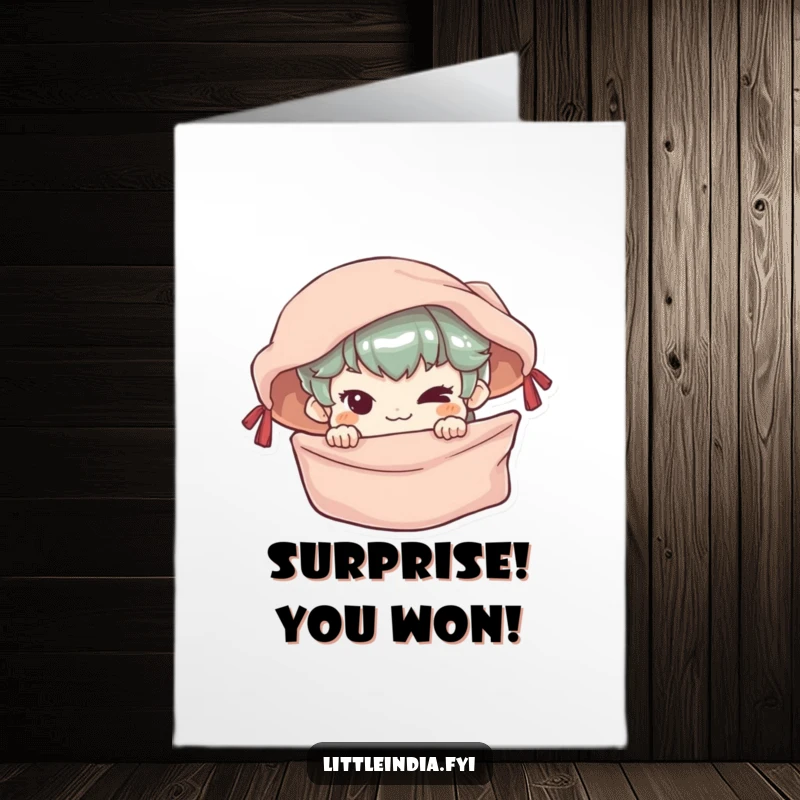 Funny Free Printable Congrats Card: Small character, mischievous grin, peeking from market stall, celebrating a clever win, downloadable art.