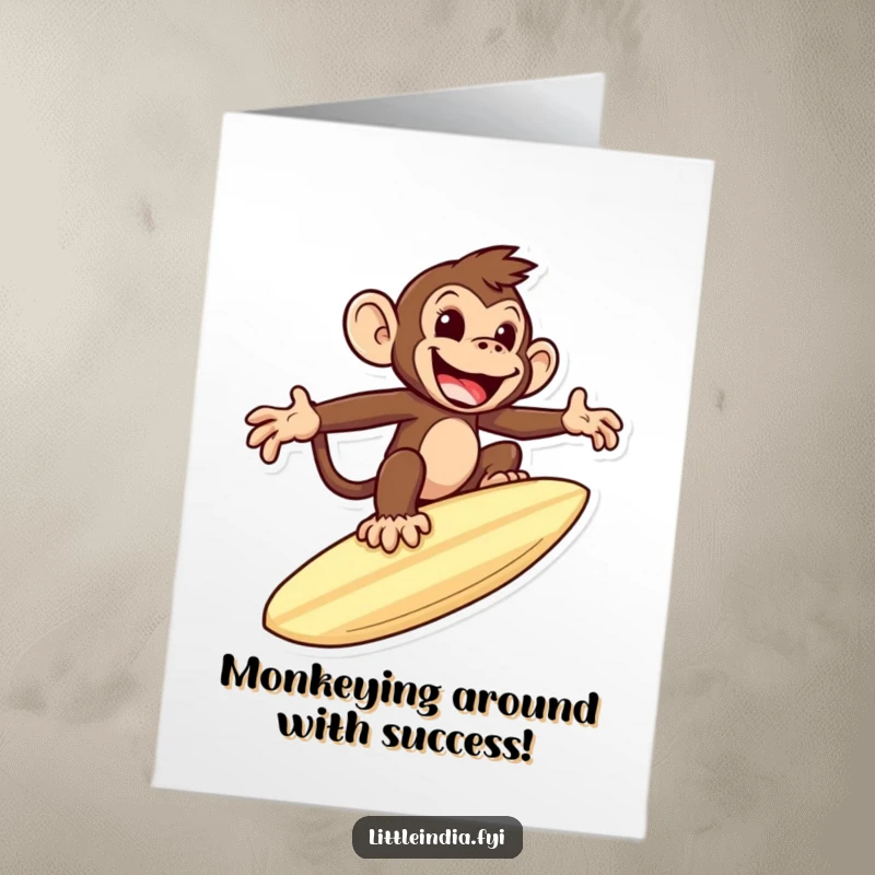 Funny Free Printable Congrats Card: A mischievous monkey expertly riding a giant roti as if it were a surfboard.