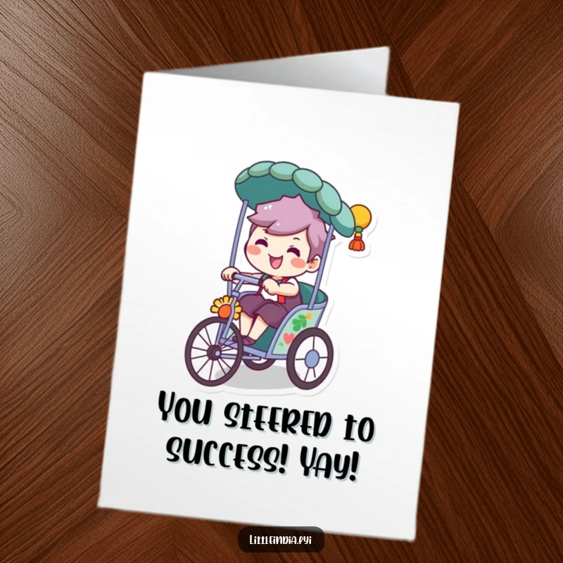 Free Printable Congratulations Card: A happy character driving a festive rickshaw with a big smile, celebrating an achievement.