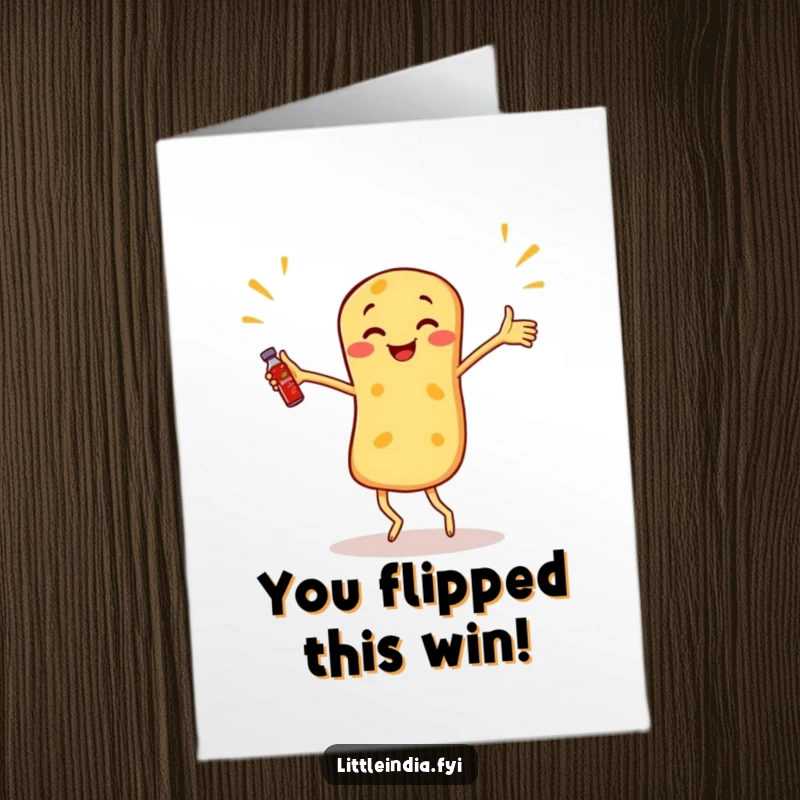 Funny Free Printable Congratulations Card: A roti canai juggling sambal bottles, a festive downloadable gift.