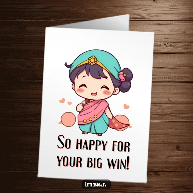 Funny Free Printable Congratulations Card: A cute character in a tiny sari beaming with smiles, celebrating a milestone.
