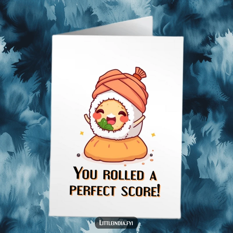 Funny Free Printable Congratulations Card: Happy sushi roll wearing a turban joyfully rides a spice mound.