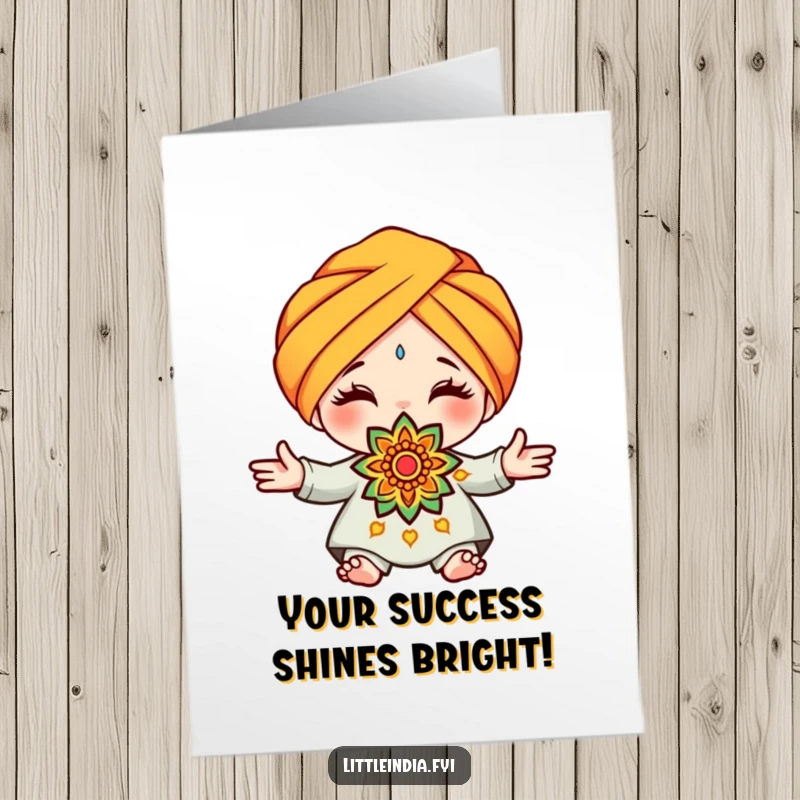 Funny Free Printable Congratulations Card: Character wears a turban and presents a decorative rangoli pattern, celebrating success with artistic flair.