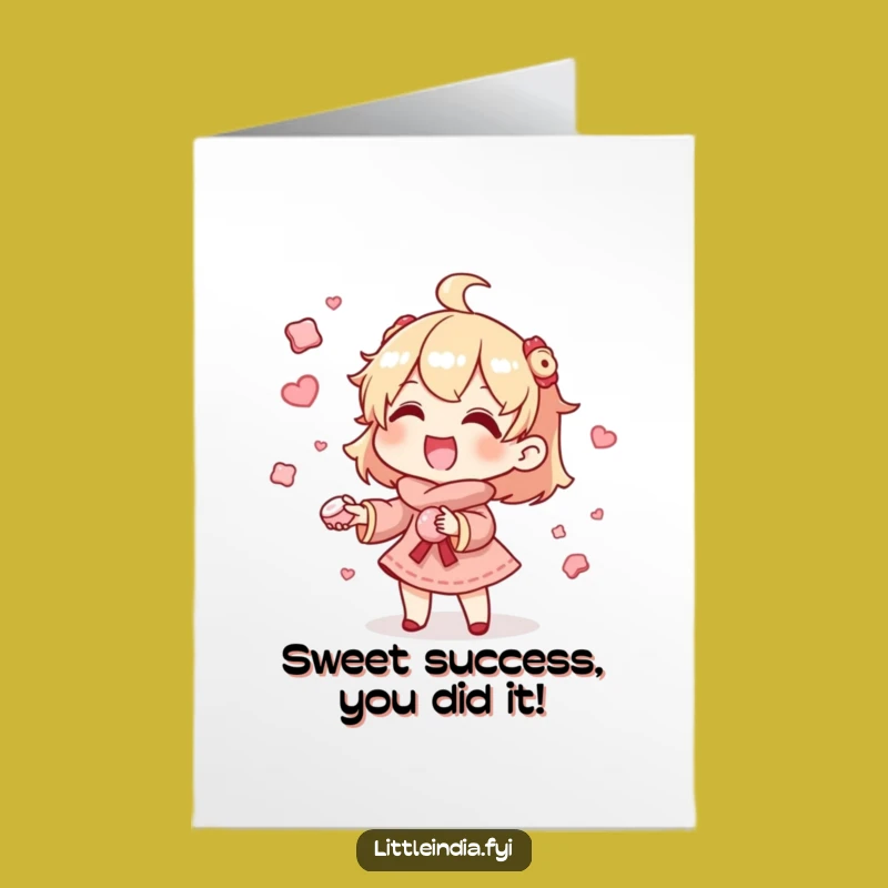 Free Printable Congratulations Card: Juggling Sweets Character, Humorous Downloadable Greeting for Success