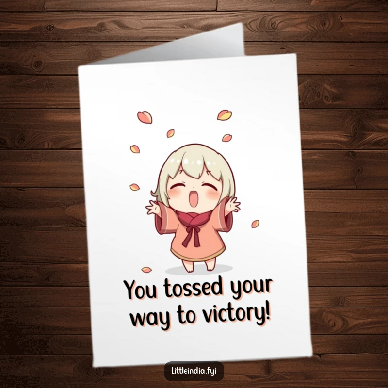 Funny Free Printable Congratulations Card featuring a character joyfully scattering small petals upwards, embodying pure celebratory humor and excitement.