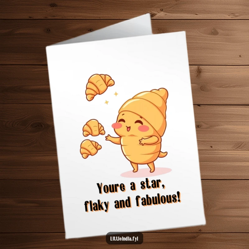 Funny Free Printable Congrats Card: Shy croissant character juggling tiny croissants, a delightful congratulatory pastry.