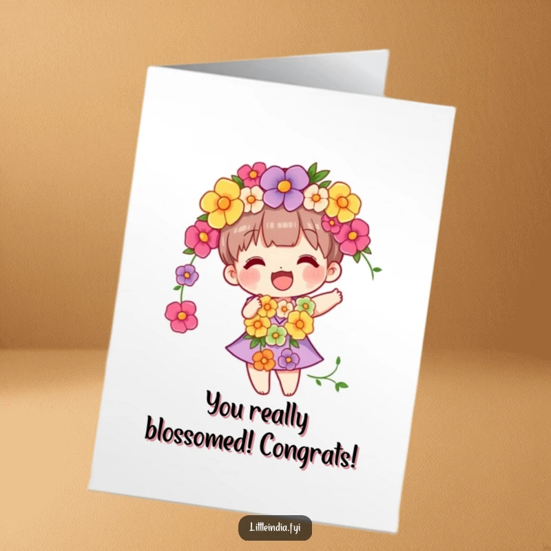 Funny Free Printable Congrats Card: Vibrant flower garland character swaying joyfully, celebrating a win.