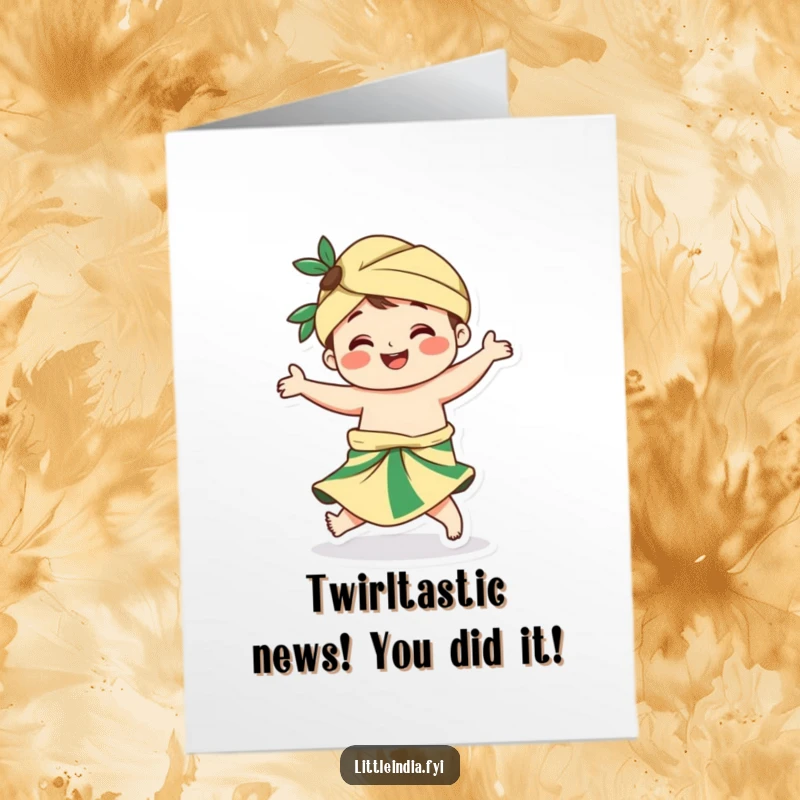Funny Free Printable Congrats Card: Smiling sarong character in a celebratory twirl, unique congrats design.