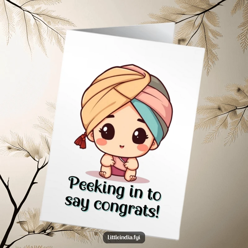 Funny Free Printable Congratulations Card: Character in turban curiously peeking, acknowledging a successful milestone.