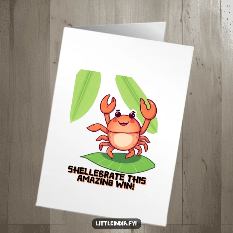 Funny Free Printable Congrats Card: Joyful crab dancing flamboyantly on a banana leaf, a celebratory masterpiece.