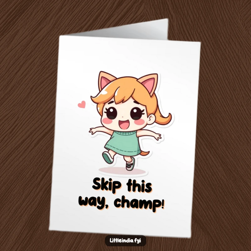 Funny Free Printable Congratulations Card: Playful character performing a joyful, energetic skip, celebrating with pure delight, downloadable.