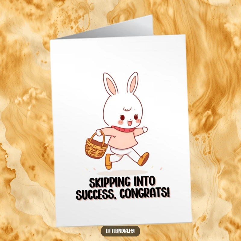 Funny Free Printable Congratulations Card featuring a cheerful character skipping with a basket, symbolizing a joyful journey.