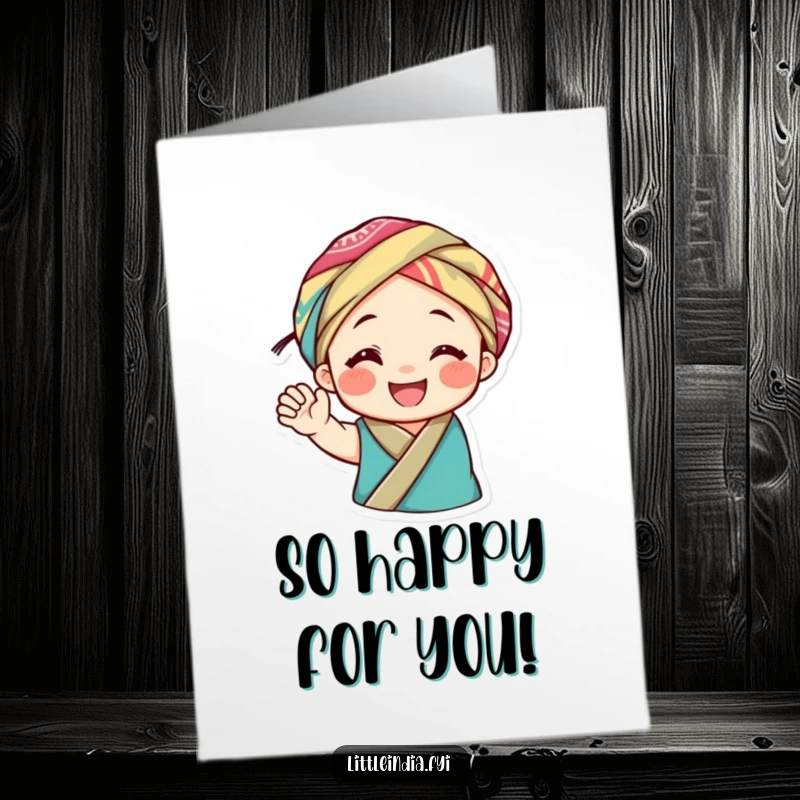 Funny Free Printable Congratulations Card: Smiling character wearing a colorful headwrap waves joyfully, celebrating success with enthusiasm.