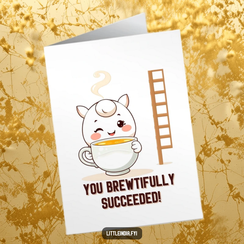 Funny Free Printable Congrats Card: Smiling character serving warm tea, conveying congratulations with a gentle, heartwarming look.