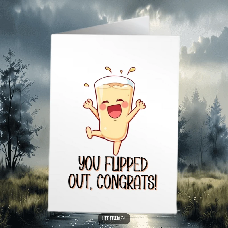 Funny Free Printable Congratulations Card: A smiling teh tarik glass performing an energetic somersault, celebrating success.