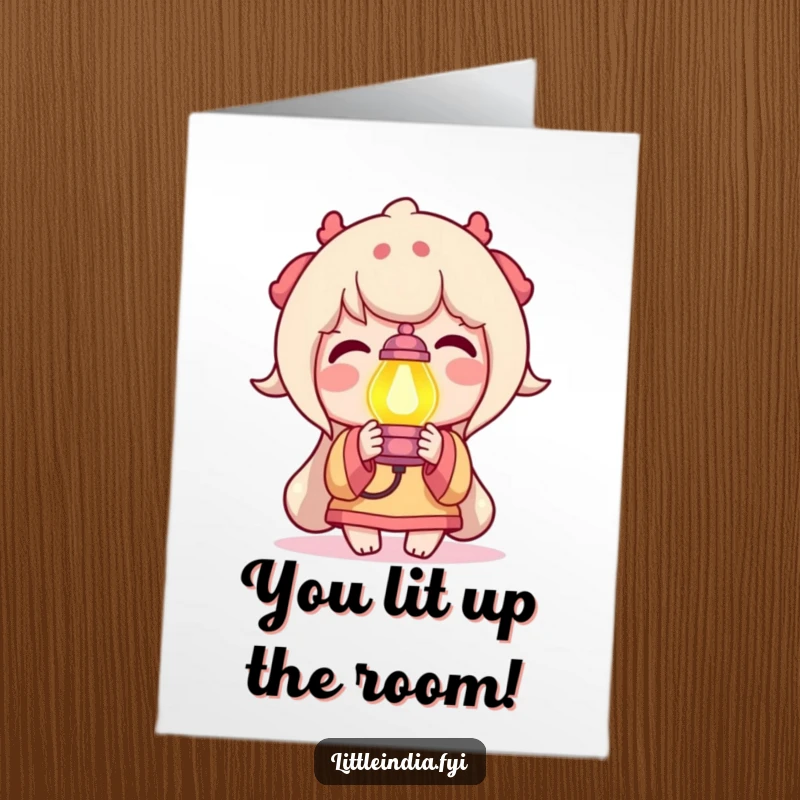 Funny Free Printable Congratulations Card: a delighted character holding a brightly colored lamp, celebrating a shining achievement.