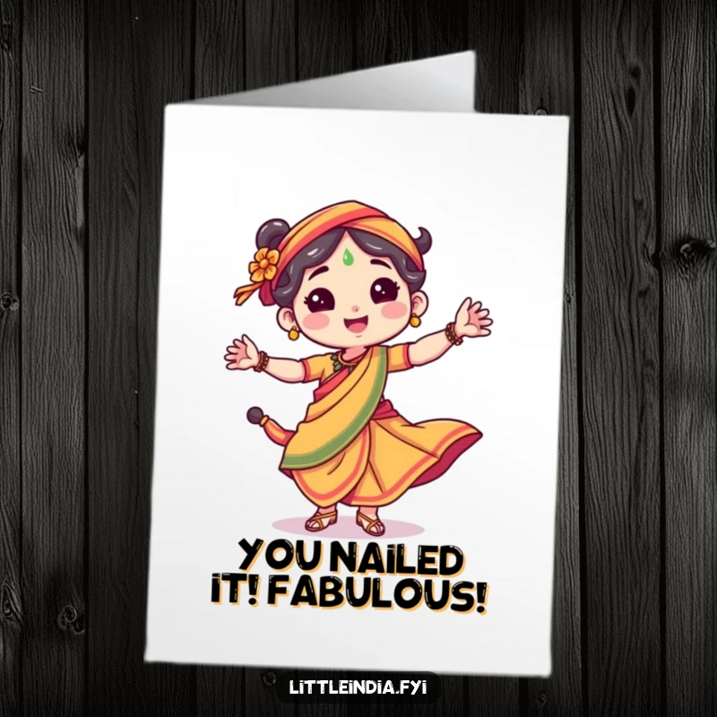 Funny Free Printable Congratulations Card: Lively character in a colorful sari, dancing energetically to celebrate achievements.
