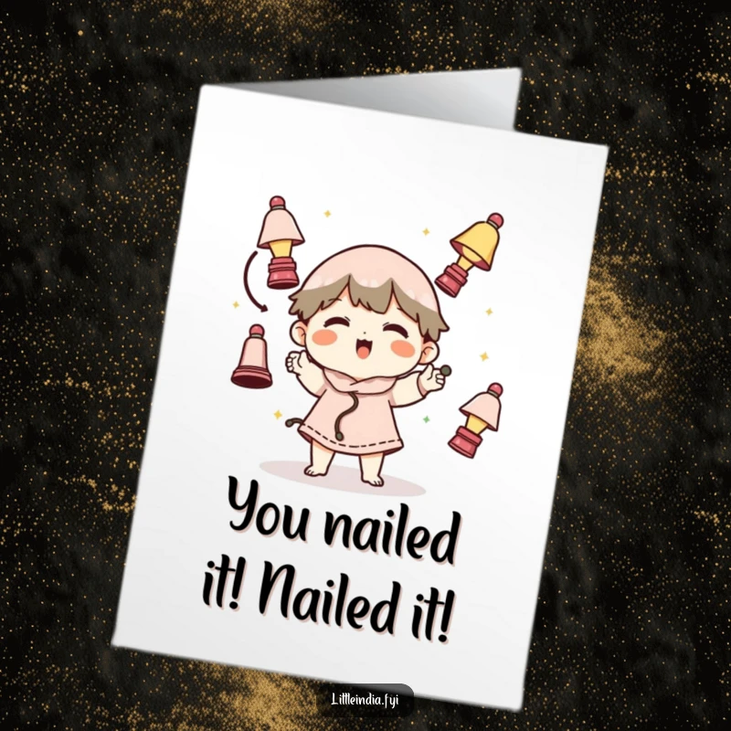 Funny Free Printable Congrats Card: Playful character juggling miniature lamps, a funny way to say congrats.