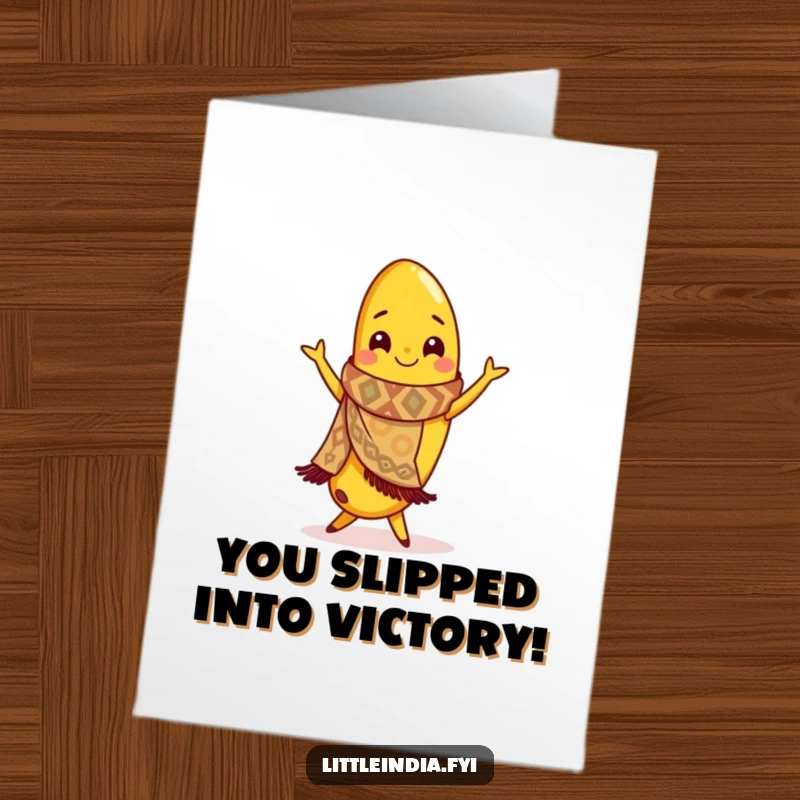 Funny Free Printable Congrats Card: Smiling banana with scarf mid-flamenco twirl, radiating joy and celebration.