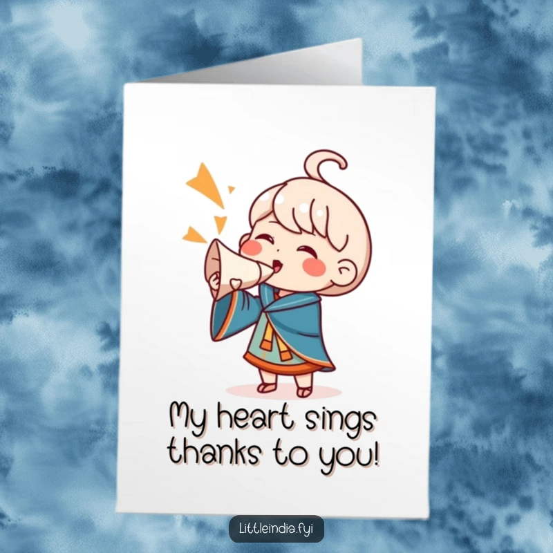 Funny Free Printable Thank You Card: Character enthusiastically blowing a conch shell to express thanks.