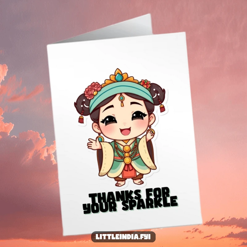 Funny Free Printable Thank You Card: Character wearing traditional jewelry strikes a graceful pose, showing elegant gratitude. DIY present.