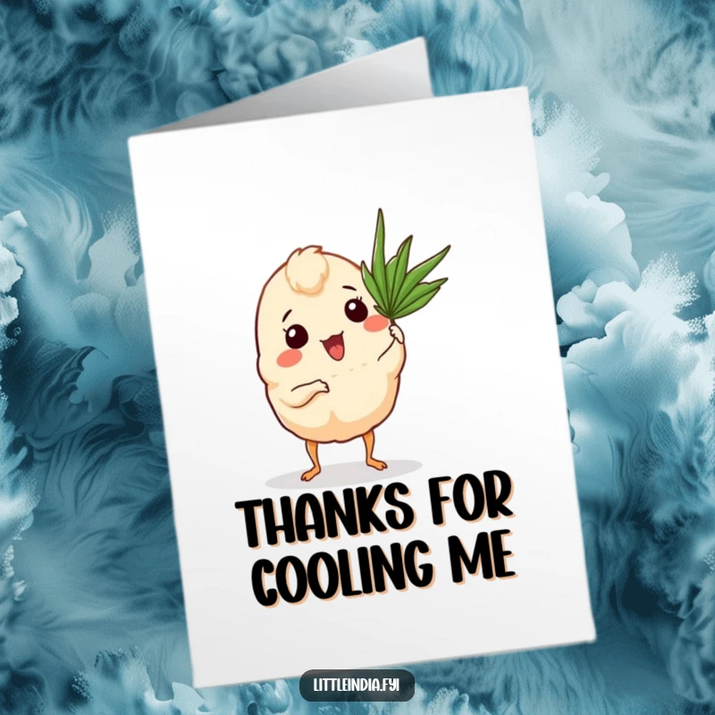 Funny Free Printable Thank You Card: An excited curry puff fanning itself, a humorous downloadable gift of thanks.