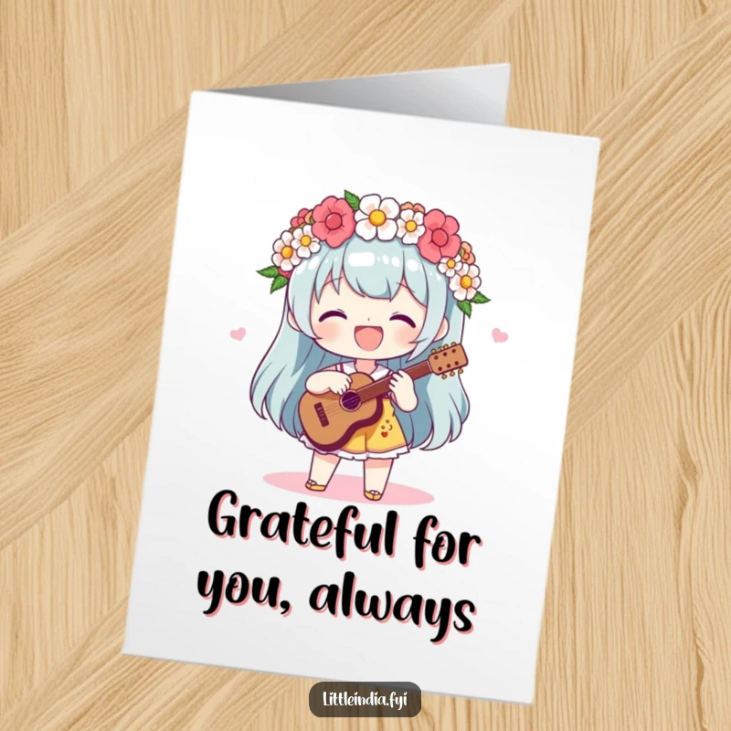 Funny Free Printable Thank You Card: Delighted character in a flower garland is in the groove, sending thanks.