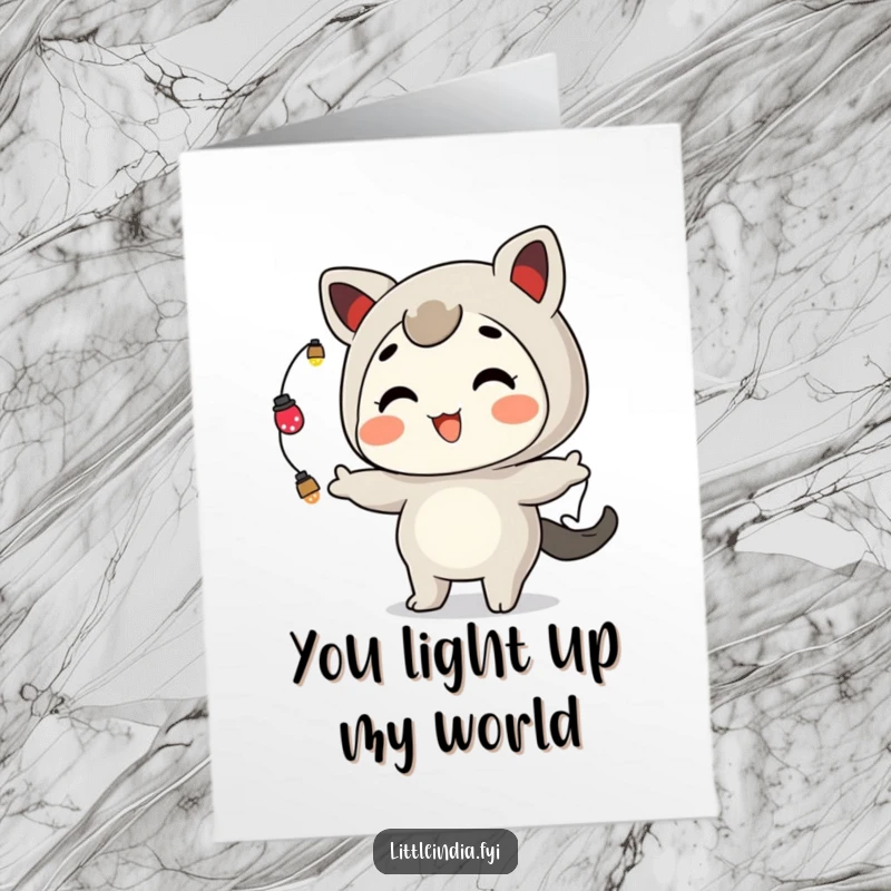 Funny Free Printable Thank You Card: A grinning character playfully juggles small, bright ornamental lights.