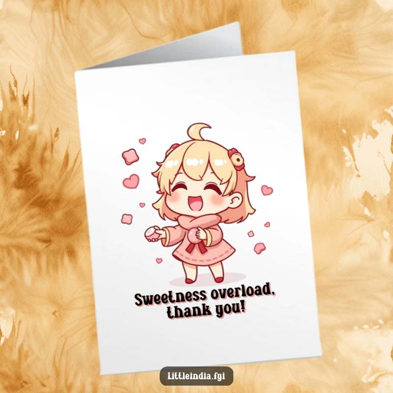 Funny Free Printable Thank You Card featuring a character juggling assorted tiny sweets, offering a humorous and charming way to say thank you.